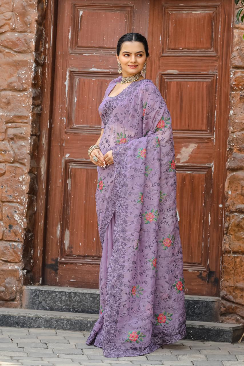 Women's Elegant Sage Green Georgette Saree with Delicate Floral Embroidery & Sequin Work – Perfect for Summer Festivities & Day Events - Image 22