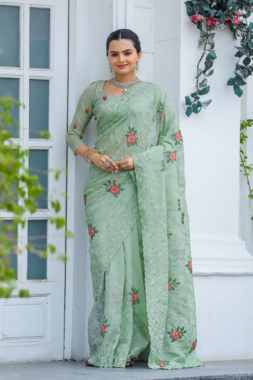 Women's Elegant Sage Green Georgette Saree with Delicate Floral Embroidery & Sequin Work – Perfect for Summer Festivities & Day Events - Image 9
