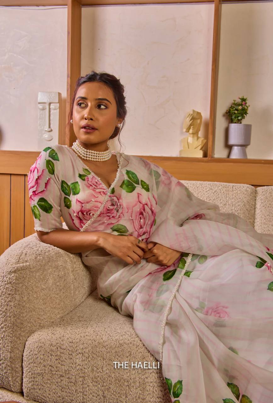 Women's Elegant White Organza Saree with Hand-Painted Pink Rose Floral Print β Complete with Matching Blouse for Day & Festive Wear - Image 6