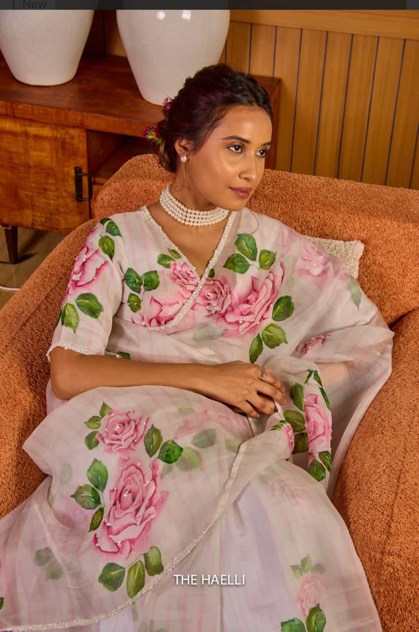 Women's Elegant White Organza Saree with Hand-Painted Pink Rose Floral Print β Complete with Matching Blouse for Day & Festive Wear - Image 7