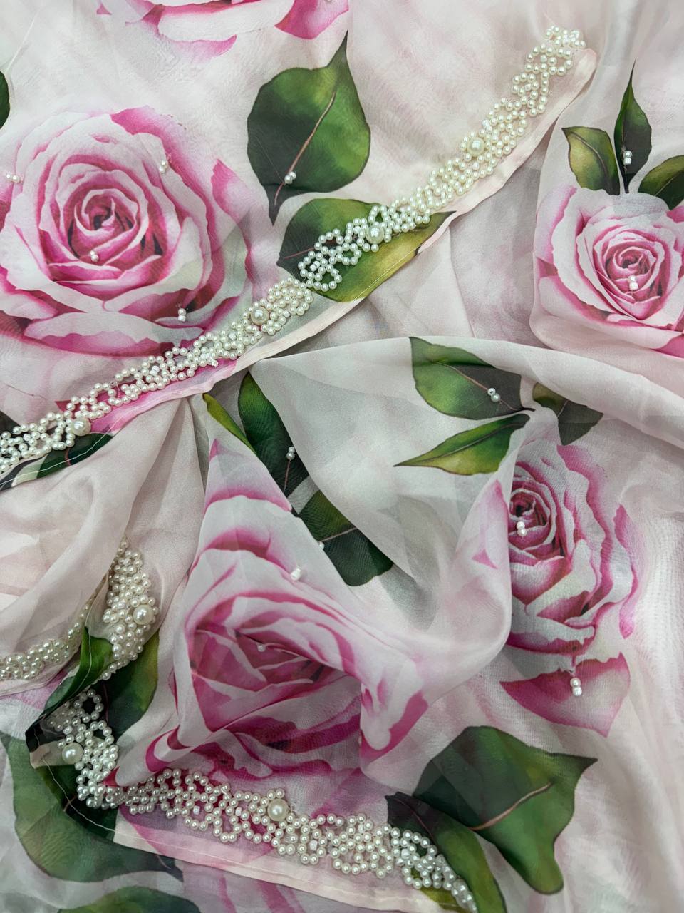 Women's Elegant White Organza Saree with Hand-Painted Pink Rose Floral Print β Complete with Matching Blouse for Day & Festive Wear - Image 2