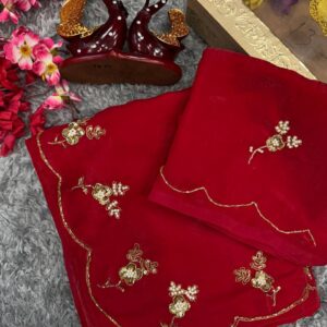 Women's Radiant Red Pure Organza Saree with Intricate Gold Zari, Sequin & Pearl Work - Ideal for Festive & Wedding Occasions