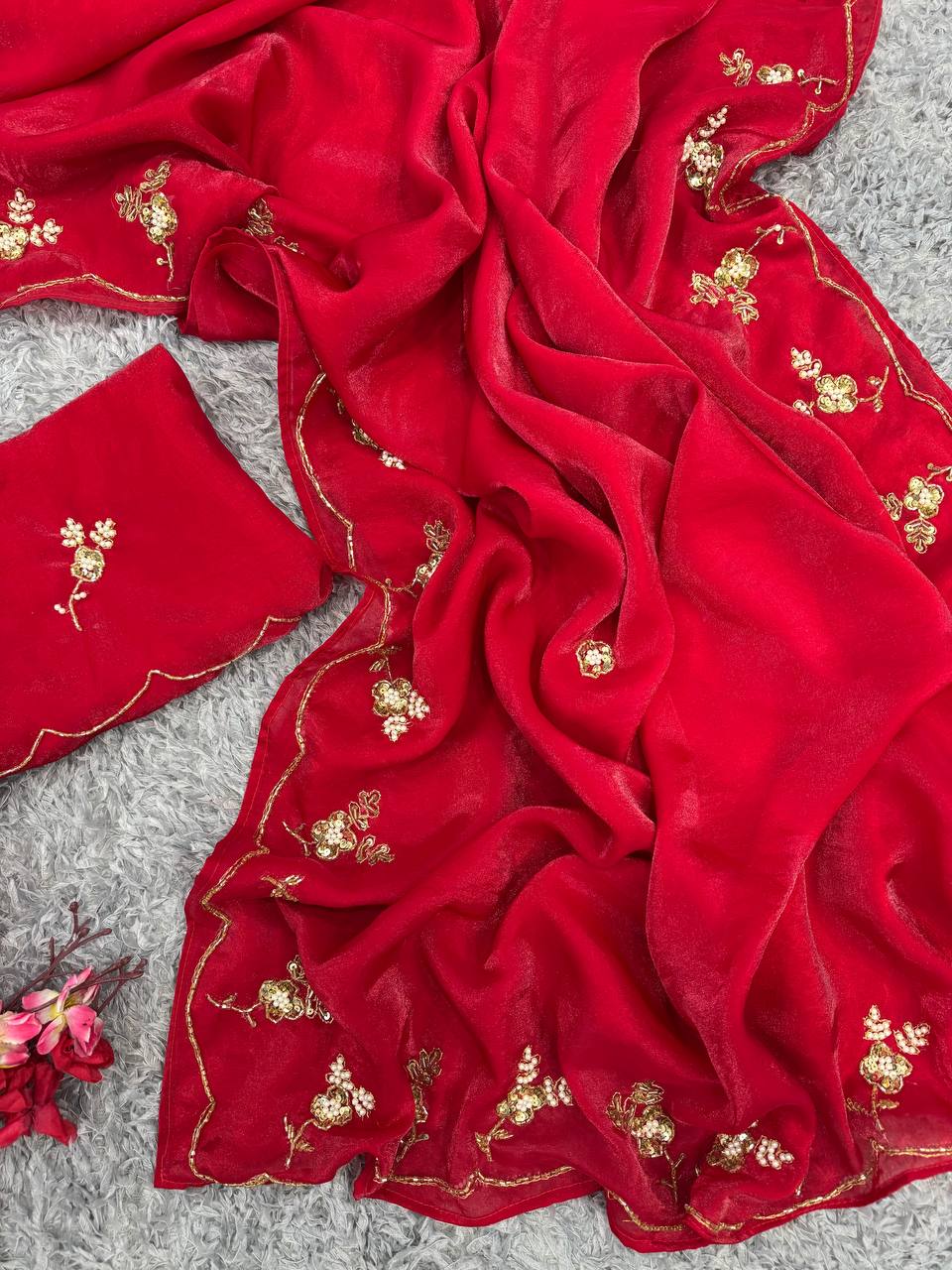 Women's Radiant Red Pure Organza Saree with Intricate Gold Zari, Sequin & Pearl Work - Ideal for Festive & Wedding Occasions - Image 4