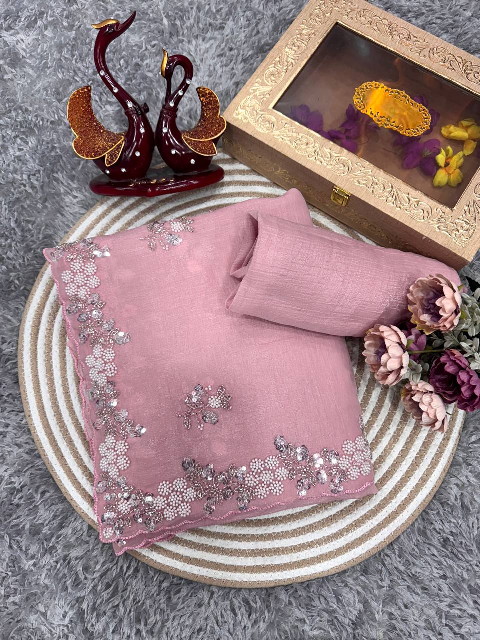 Women's Soft Pink Organza Saree with Delicate Pearl & Sequin Floral Embroidery – Lightweight Sheer Drape for Festive, Wedding & Party Wear - Image 9