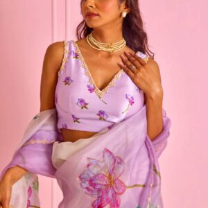 Women's Exquisite Lavender & White Organza Saree with Hand-Painted Lotus Floral Motifs & Gold Embellished Border β Complete with Matching Printed Blouse for Festive & Special Occasions