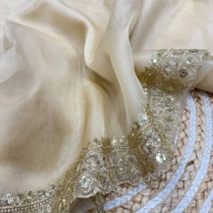 Luxurious Ivory Organza Dupatta with Heavy Golden Sequin & Zari Cutwork Border β Perfect for Weddings & Festive Layering