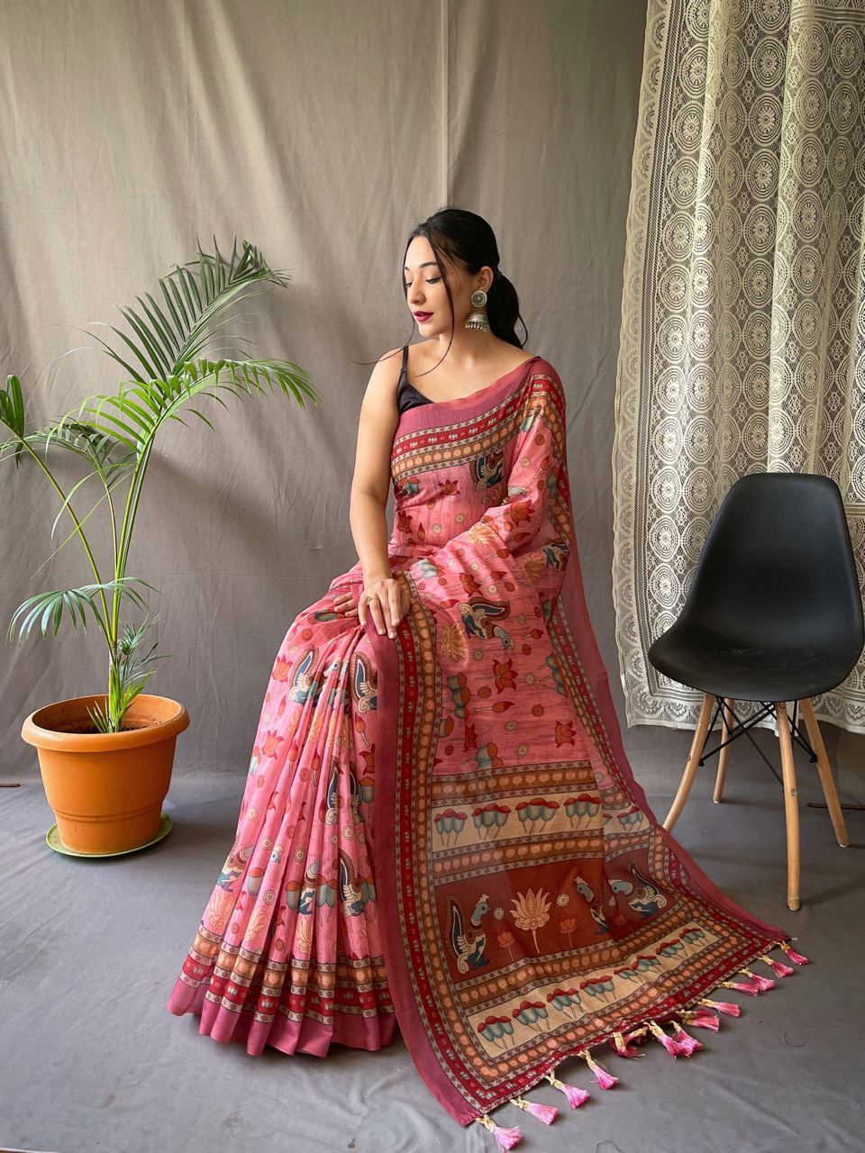 Women's Artistic Terracotta Orange Linen Saree with Kalamkari Inspired Print & Tassel Detailing – Perfect for Casual Festivities & Cultural Events - Image 7