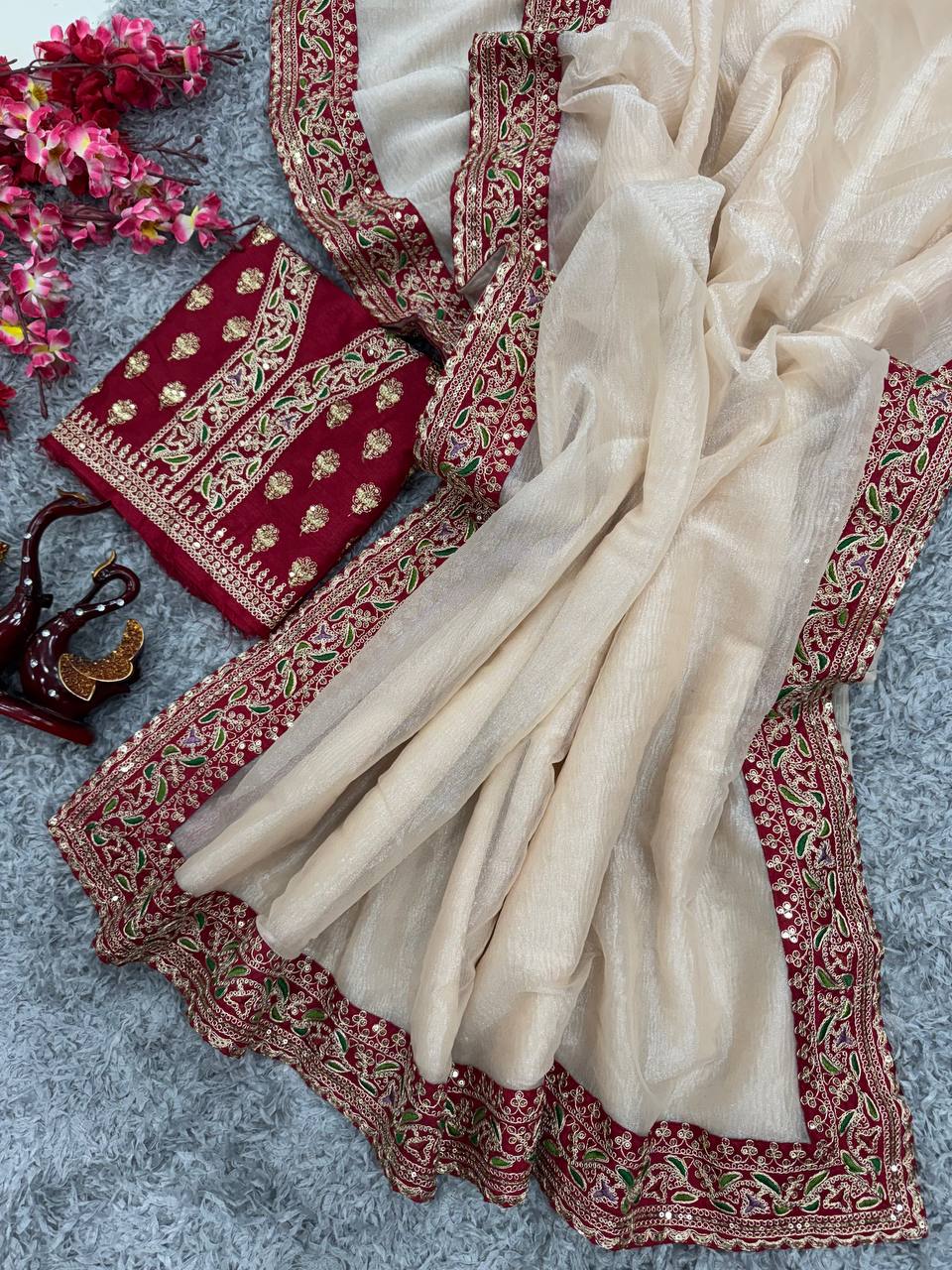 Women's Elegant Cream Georgette/Chiffon Saree with Maroon Zari & Thread Work Border – Paired with Heavy Embroidered Blouse for Wedding & Festive Wear - Image 6