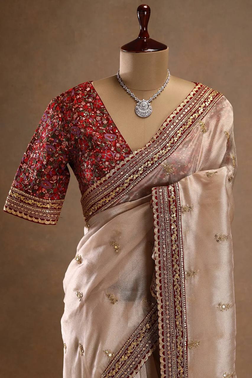 Women's Exquisite Ivory Tissue Organza Saree with Gold Sequin & Zari Embroidery – Paired with Heavy Maroon Readymade Blouse for Wedding & Festive Wear - Image 3