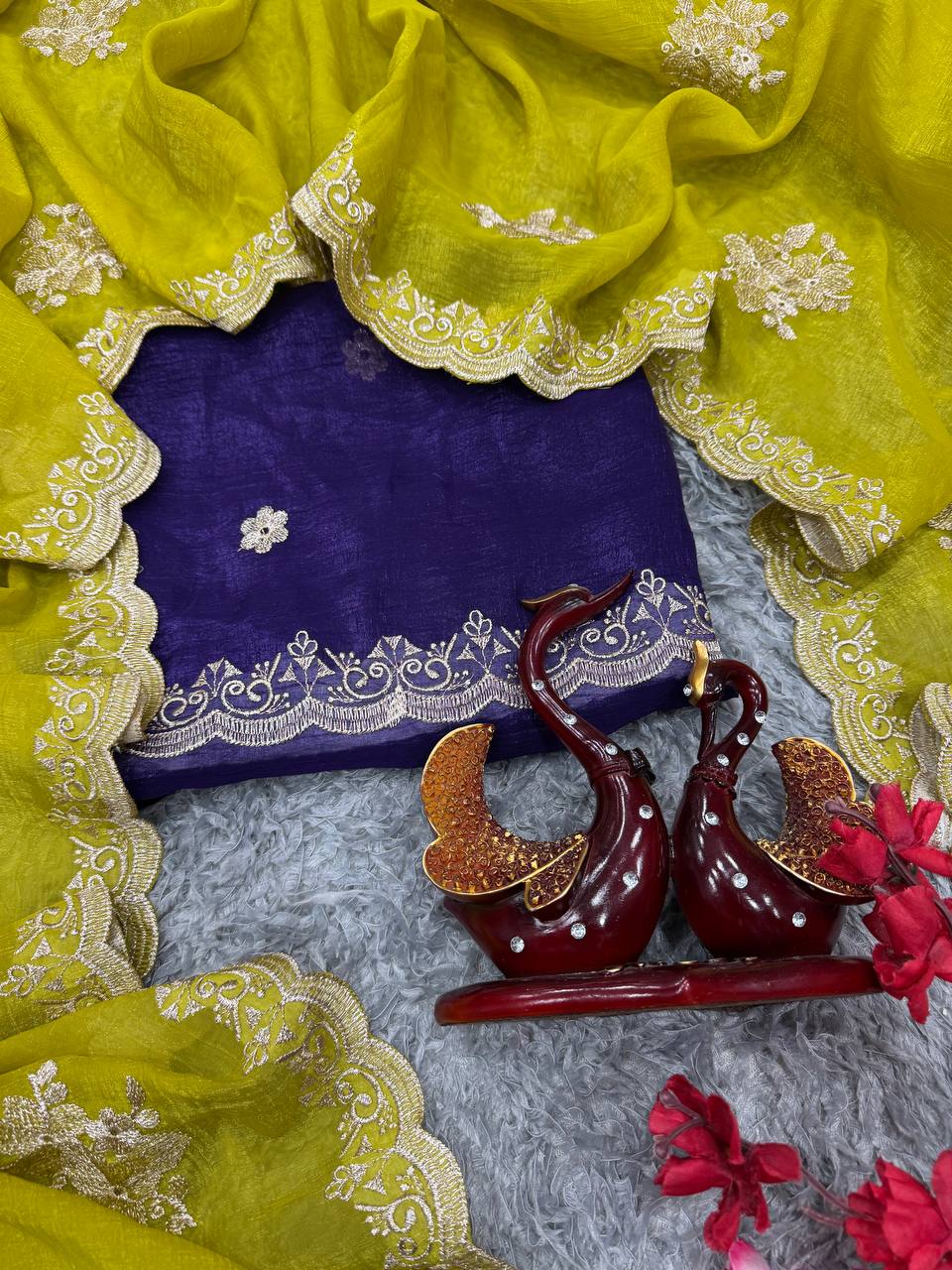 Women's Radiant Lime Yellow Organza Saree with Intricate Gold Zari Embroidery & Scalloped Border – Complete with Blouse Piece for Festive & Party Wear - Image 6