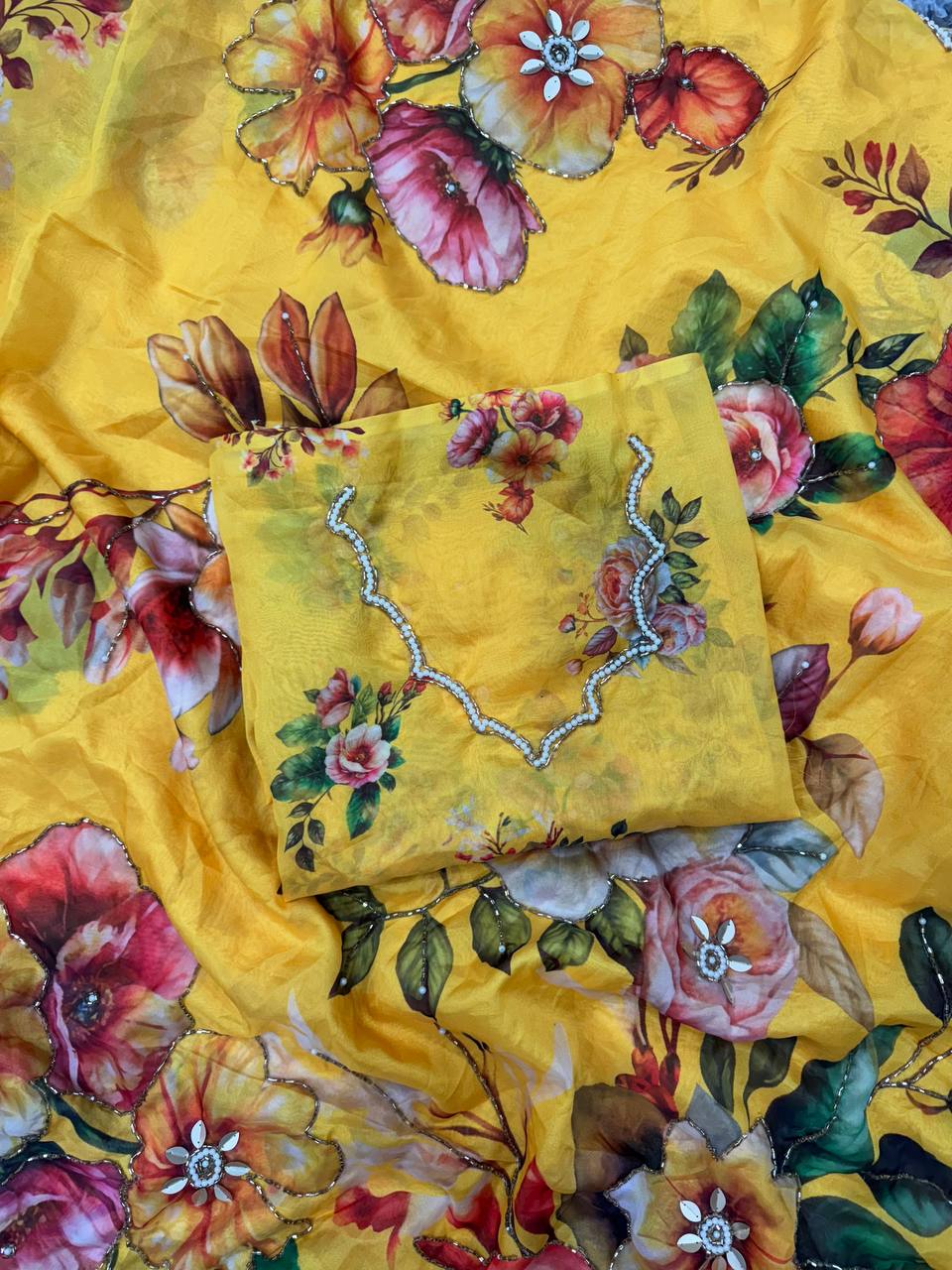 Women's Vibrant Yellow Floral Digital Print Saree with Zari and Stone Embellishments – Complete with Heavily Worked Blouse Piece for Festive & Wedding Wear - Image 3